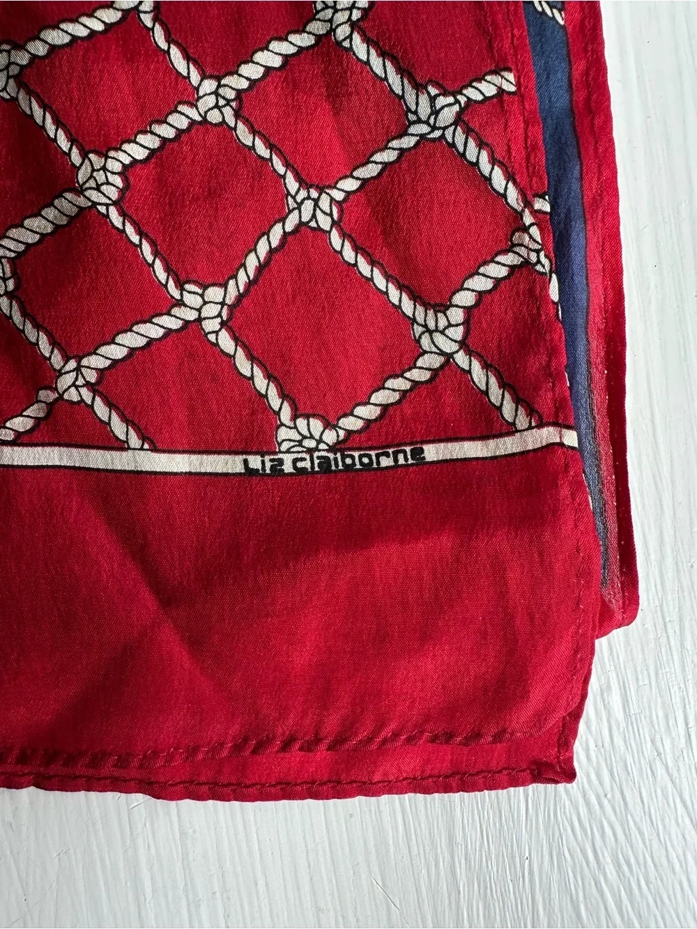 Vintage Liz Claiborne Tennis Equestrian Silk Feel Scarf Red Blue Chain Print